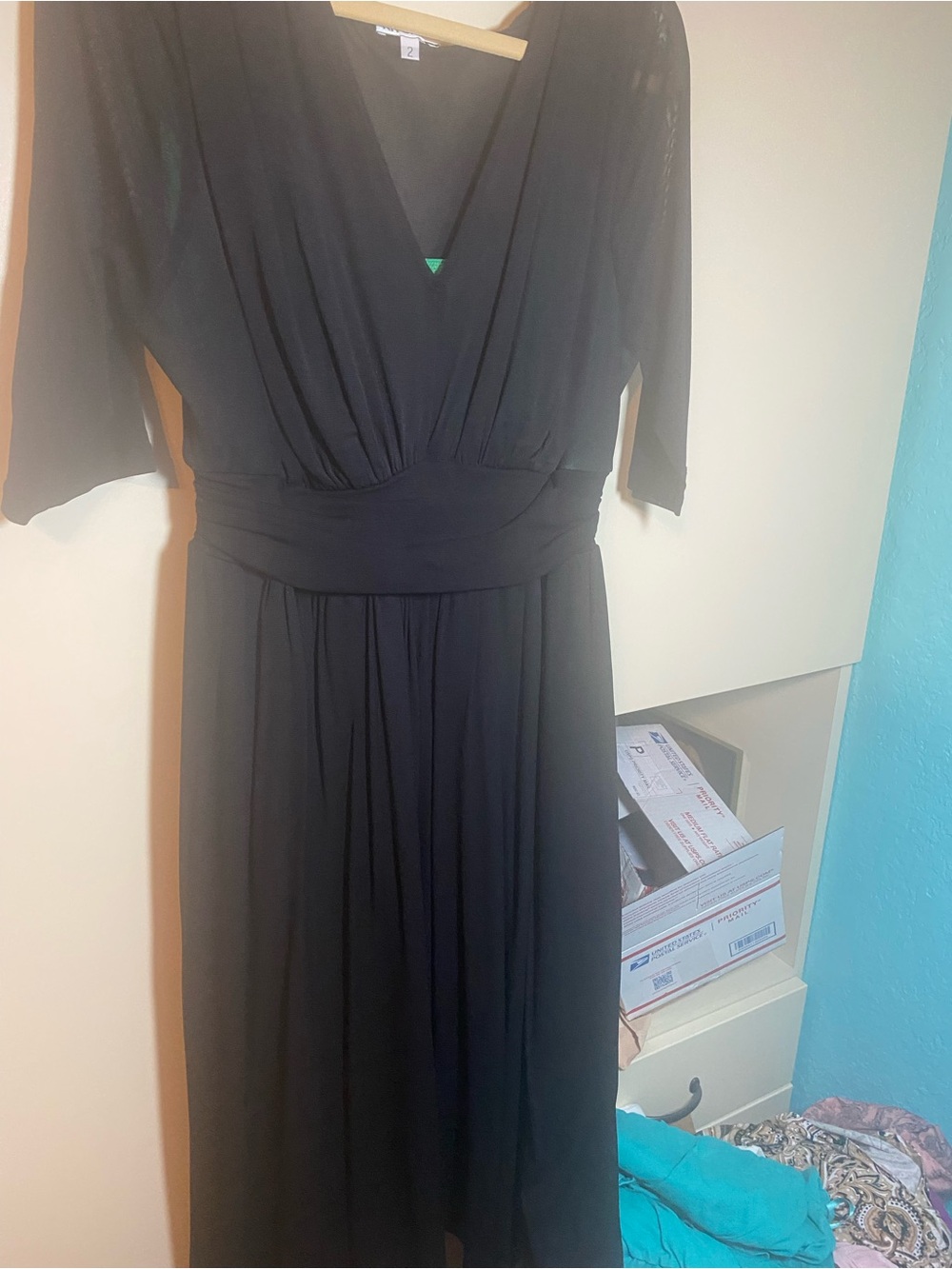Kiyonna Black V-Neck Midi Dress with Cinched Waist